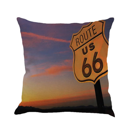 Linen cushion cover with Route 66 landscape pattern in six colour choices, 45 cm square