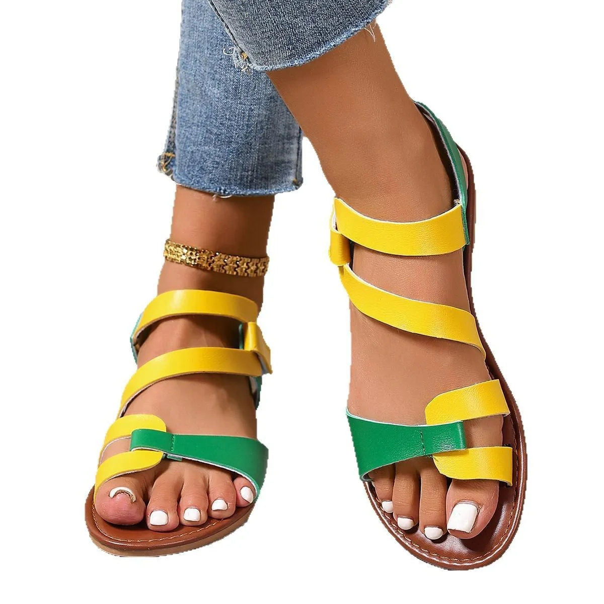 Women's flat sandals with velcro fastening and rubber soles in black, brown and colourful designs