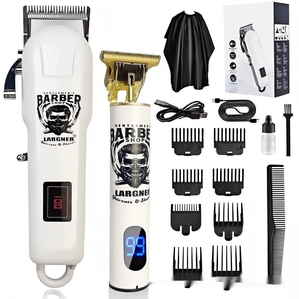 Rechargeable stainless steel hair clipper kit with USB cable on a table