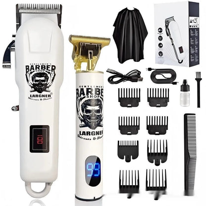 Rechargeable stainless steel hair clipper kit with USB cable on a table