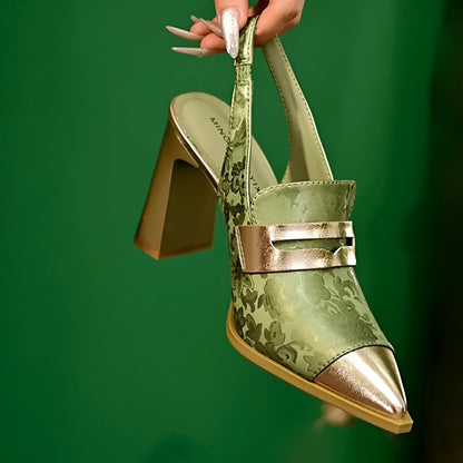 Korean style women's chunky heel sandals with pointed toe and high-cut elastic strap in three colours.