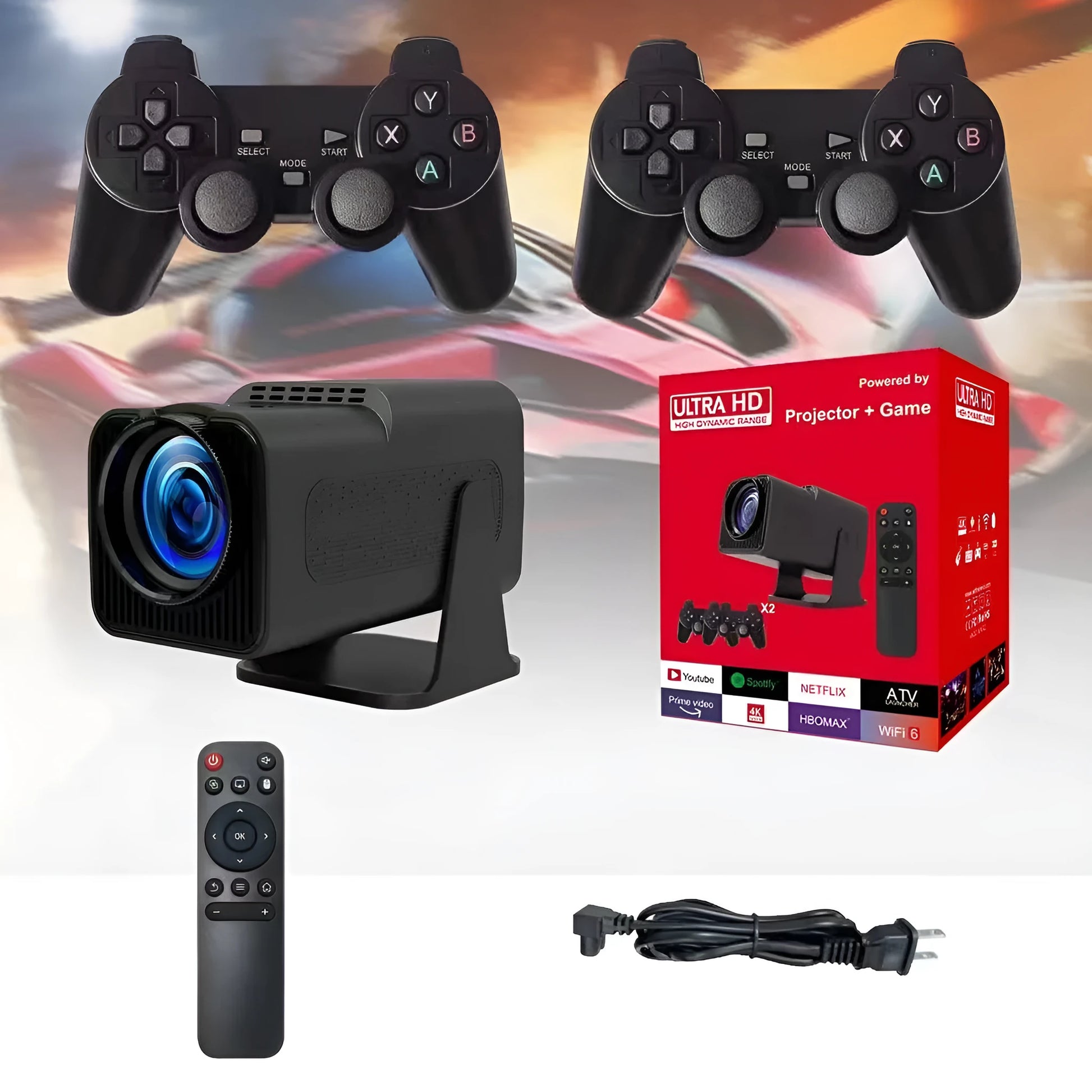 Handheld wireless HD game projector showing 720p resolution for home use.