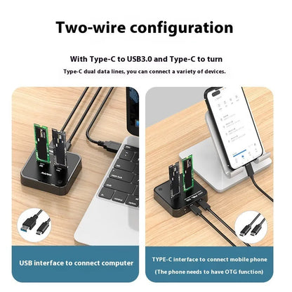 MAIWO K3016 M.2 SSD docking station with two drive bays, copy button, USB-C port, and included cables and power adapter on a desk.