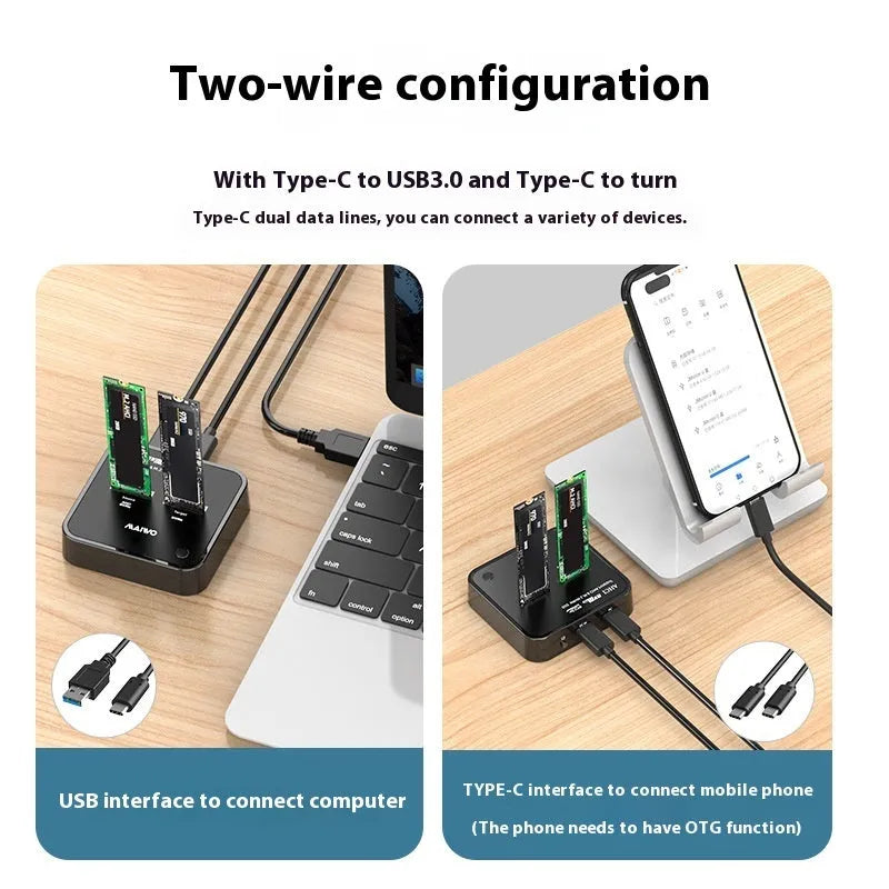MAIWO K3016 M.2 SSD docking station duplicator with two inserted solid-state drives and USB cables