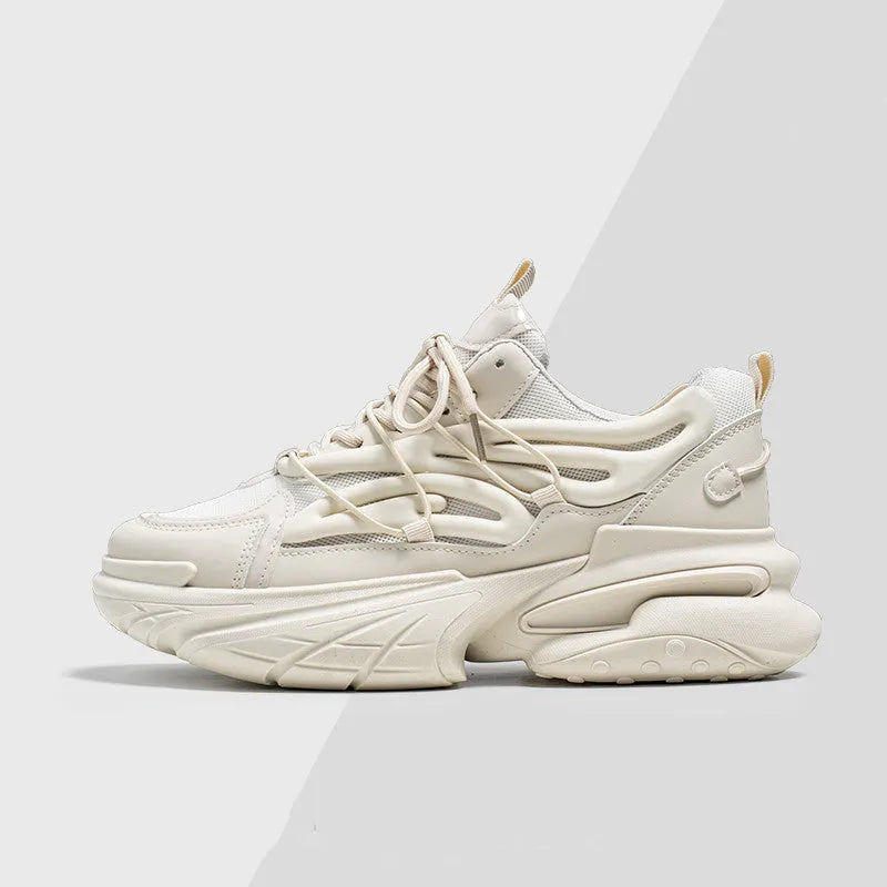 Men's low-top lace-up sneakers in mesh and PU leather with rubber sole, shown in beige and black colours.