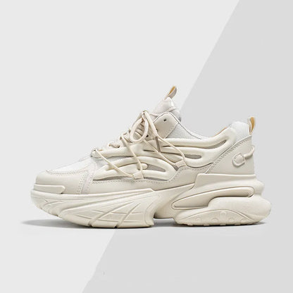 Men's low-top lace-up sneakers in mesh and PU leather with rubber sole, shown in beige and black colours.
