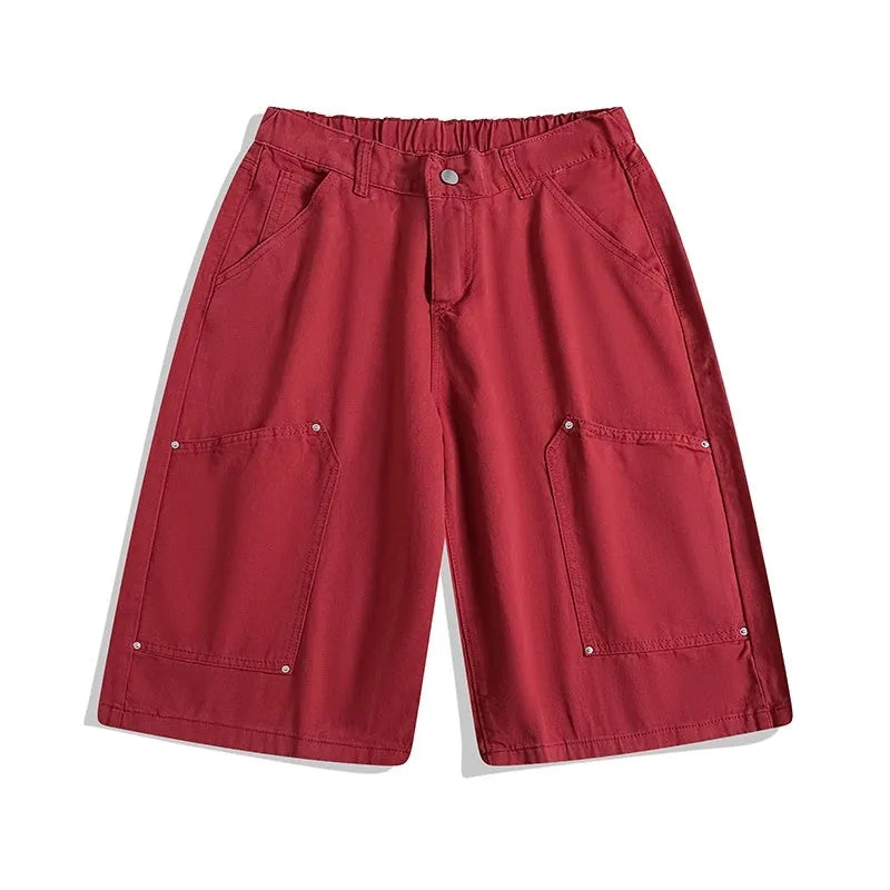 Casual wide-leg cropped pants with workwear rivet detailing in apricot colour with elastic waistband