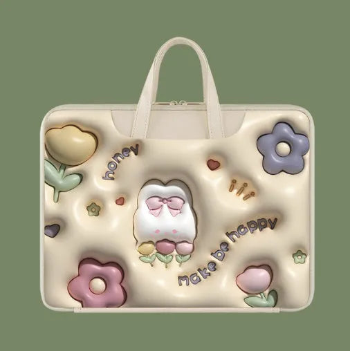 Inflatable laptop bag in PU leather with suitcase attachment strap and cute panda design print