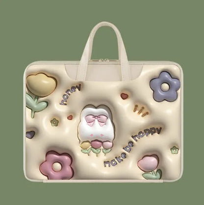 Inflatable laptop bag in PU leather with suitcase attachment strap and cute panda design print