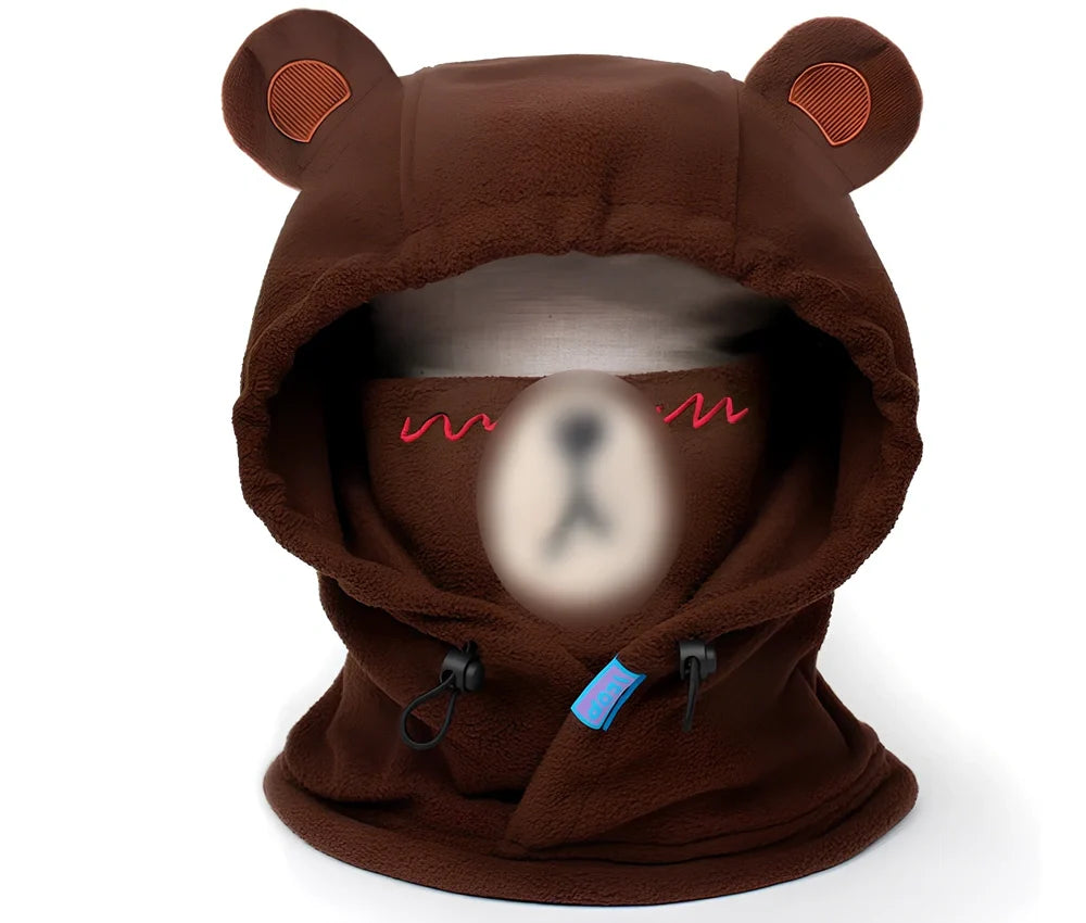 Ski helmet cover with cartoon animal designs including brown bear and white bear patterns for winter sports