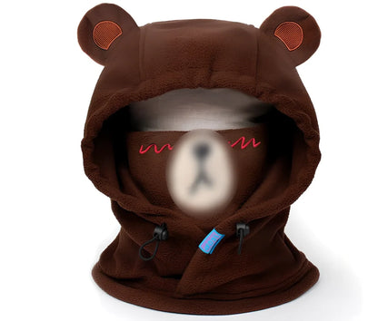 Ski helmet cover with cartoon animal designs including brown bear and white bear patterns for winter sports