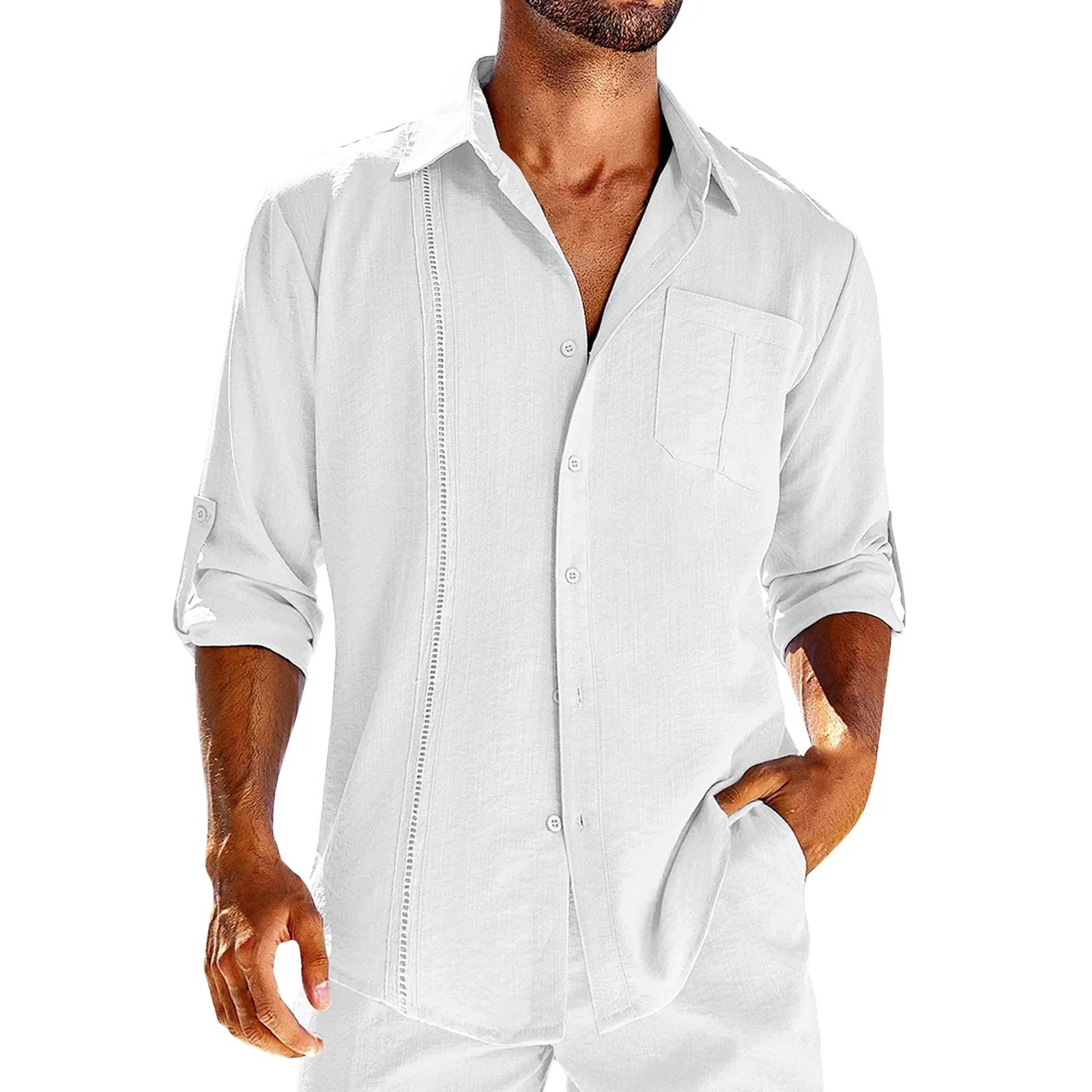 Men's solid colour long sleeve cotton blend shirt with polo collar and lace-trimmed chest pocket