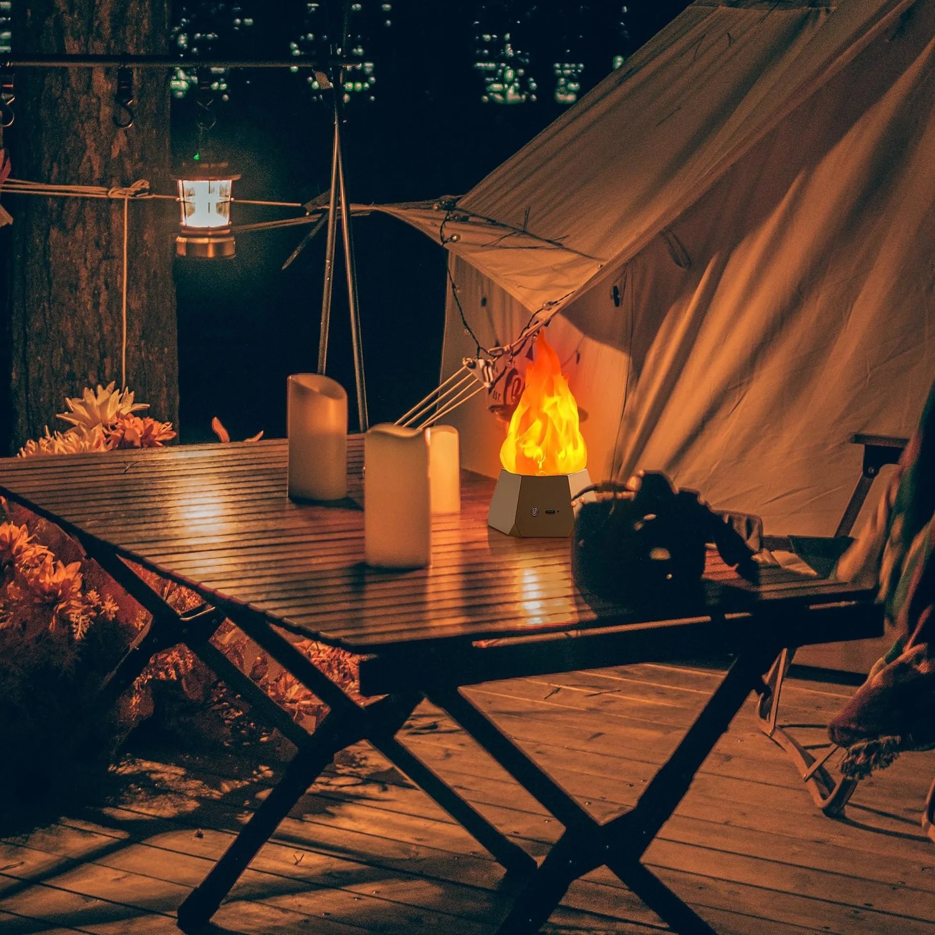 Flame-shaped solar decorative lights with gold charging base for outdoor courtyard and camping use