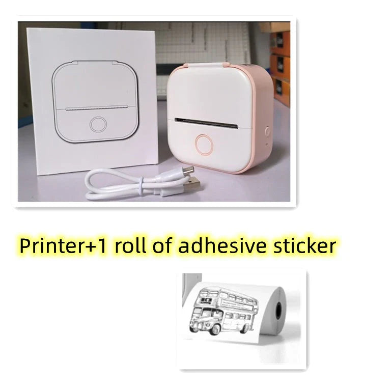 Compact Bluetooth-enabled thermal label printer in white, pink, and green colors with various label options