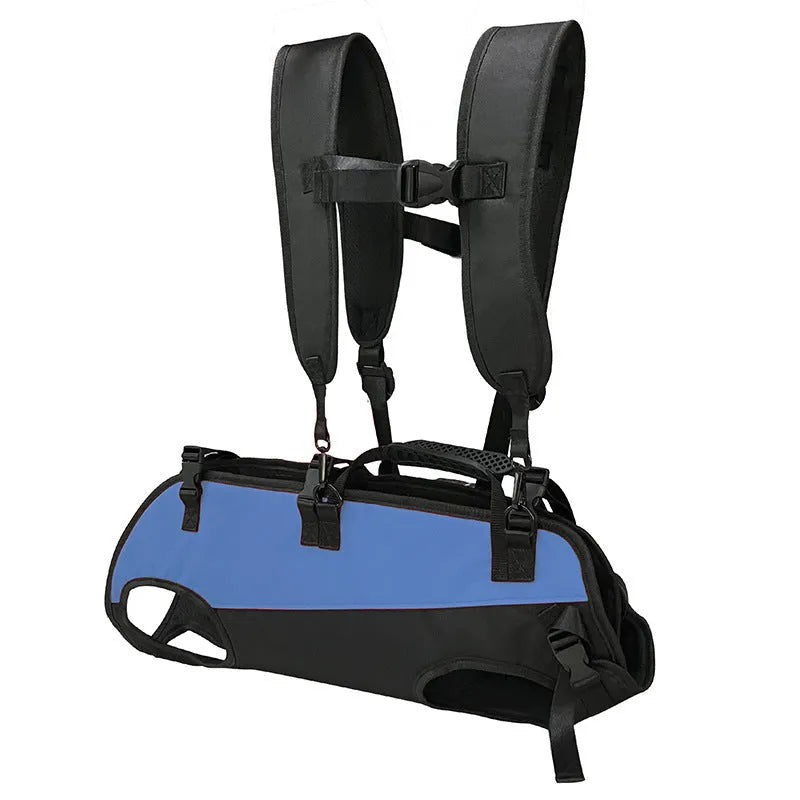 Black soft-sided Oxford cloth pet backpack for dogs and cats with colour accents, shown in backpack carry mode.