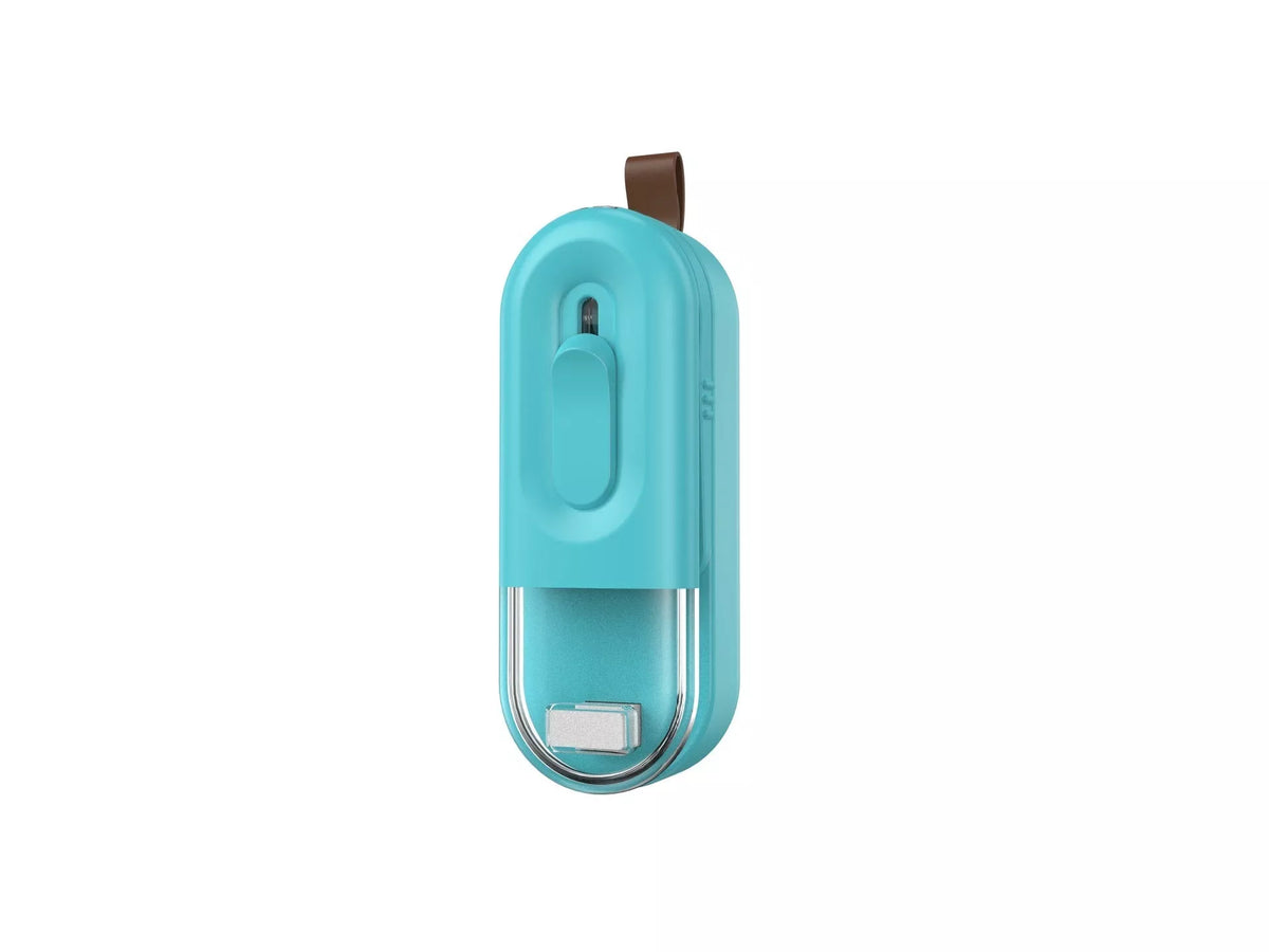 Handheld portable food bag sealer in black, white, or lake blue with sealing and cutting functions