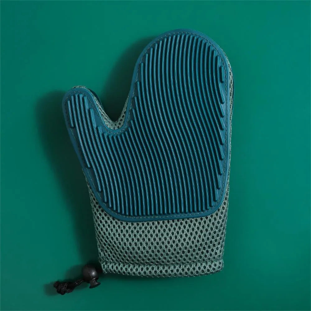 Pet grooming glove for hair removal with mesh fabric surface in choice of three colours