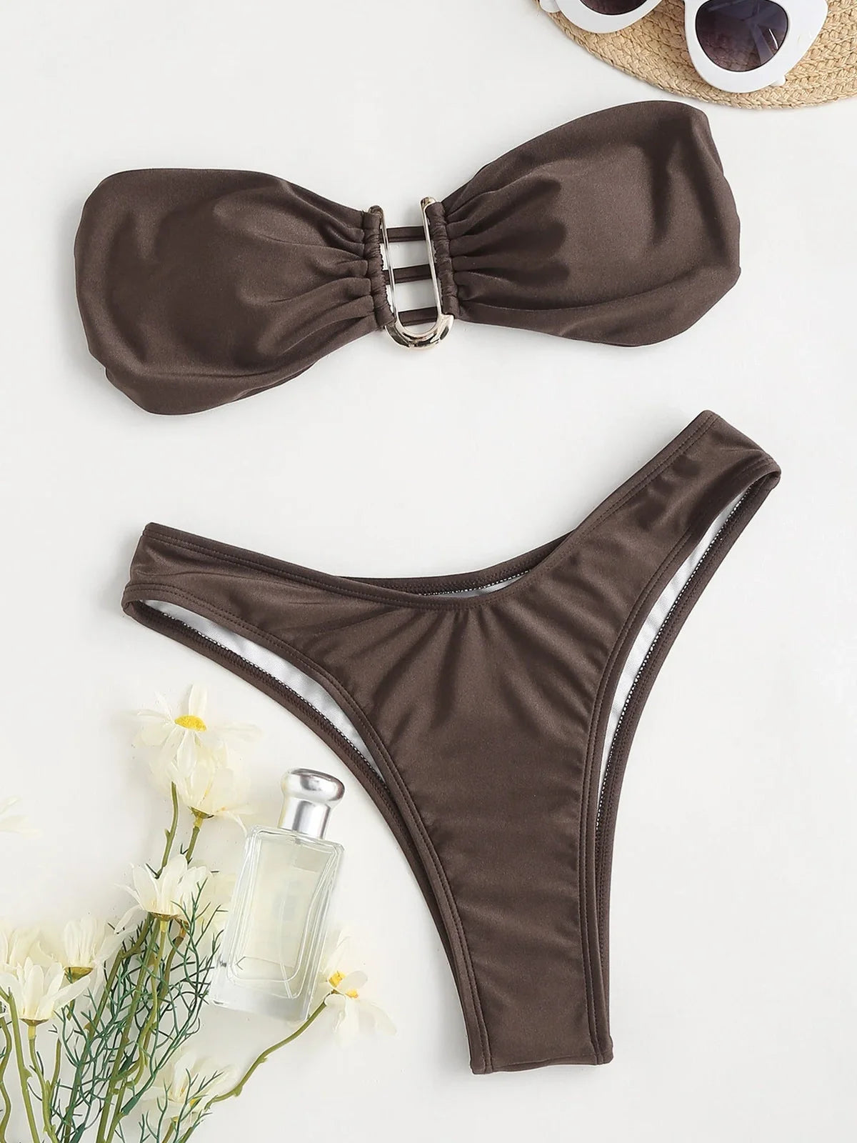 Brown women's U-shape V-neck bikini swimsuit with quick-dry nylon fabric