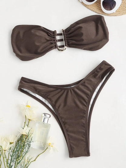 Brown women's U-shape V-neck bikini swimsuit with quick-dry nylon fabric
