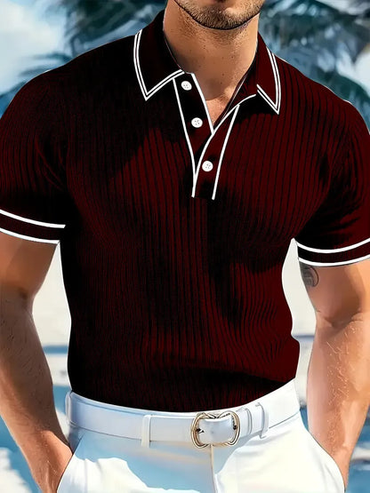 Men's loose fit striped polo shirt in chemical fibre blend fabric, short sleeve, shown in wine red colour.