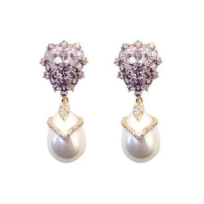 Women's drop pearl earrings with zircon inlay on 18K gold-plated copper setting
