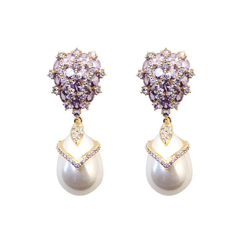 Women's drop pearl earrings featuring zircon inlay with 18K gold-plated copper setting, available in silver white pearl, purple zircon white, and white zircon champagne pearl colour options for formal or casual wear
