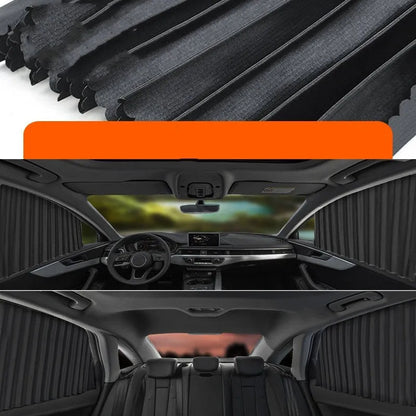 Retractable car sunshade curtain in thick opaque cloth with roller shutter mechanism