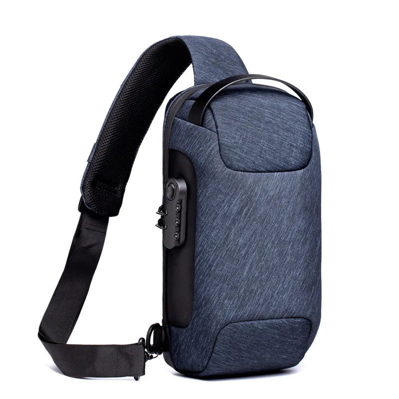 Men's waterproof Oxford crossbody sling bag in camouflage colour showing front zipper and strap.