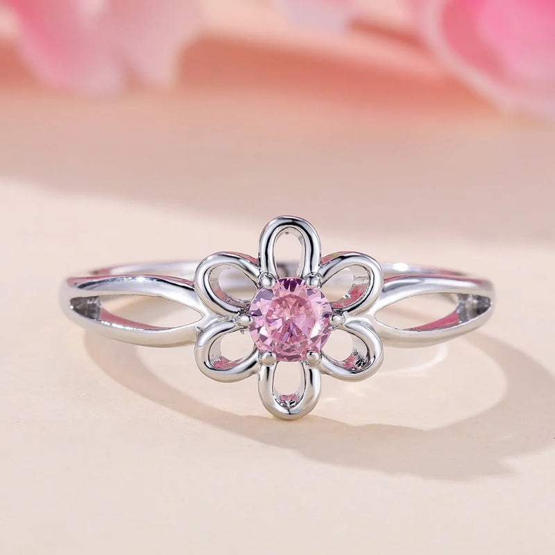 Women's flower hollow ring simple fashion jewellery, copper electroplated ring with pink diamond colour, floral shape ring available in sizes 5 to 13 for everyday wear and gift giving.