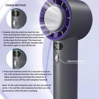 Powerful portable handheld turbine fan with cooling system, adjustable airflow, long-lasting battery, and compact design for on-the-go refreshment.