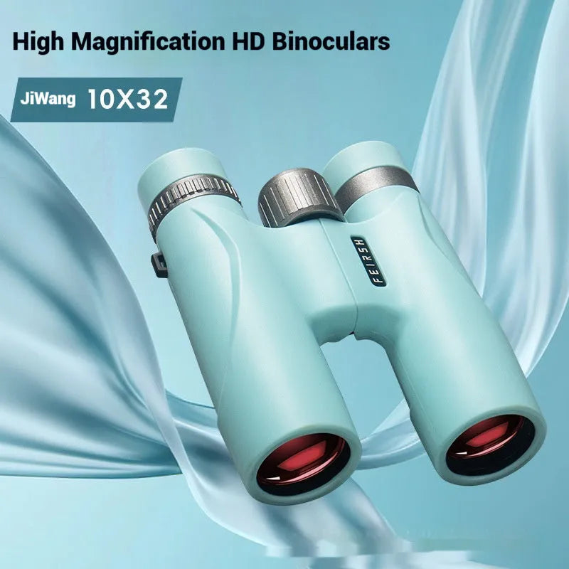 Wine red film coated 10x32 binoculars with grey body shown from the front, displaying objective lenses.