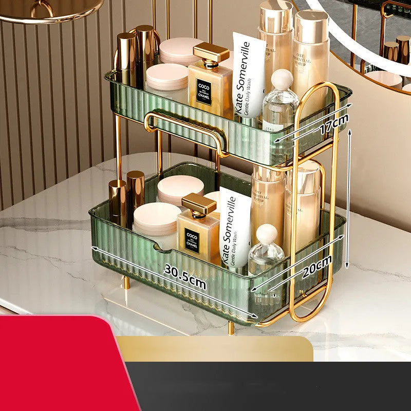 Iron and PET plastic wall-mounted cosmetic shelf in a choice of transparent, amber, or light green, dimensions 30.5x20x35.5cm.