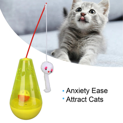 Blue and yellow cat toy with bell ball and plush mouse wand for indoor play
