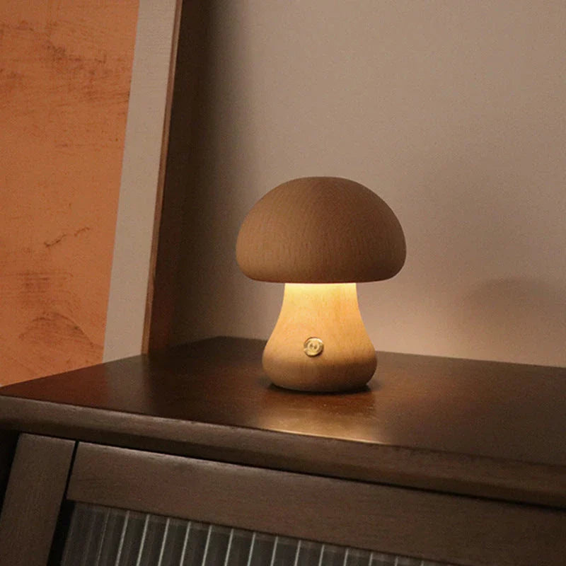 Charming wooden mushroom-shaped LED night light with touch control for bedroom, nursery, or living room decor