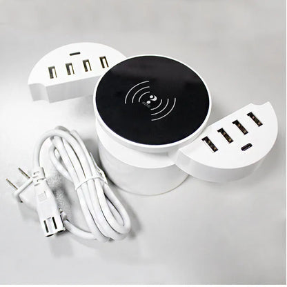 Ceramic white circular multi-port wireless phone charger with a 1.5 metre cable