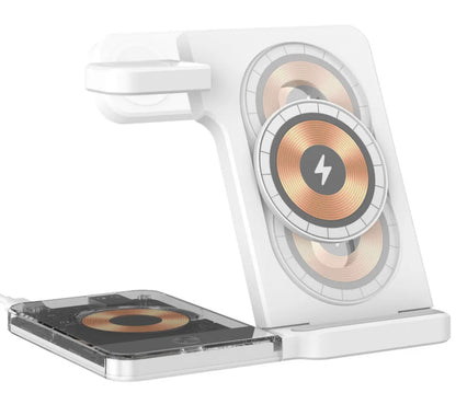 Black foldable three-in-one magnetic wireless charging stand for phone watch and AirPods on desk