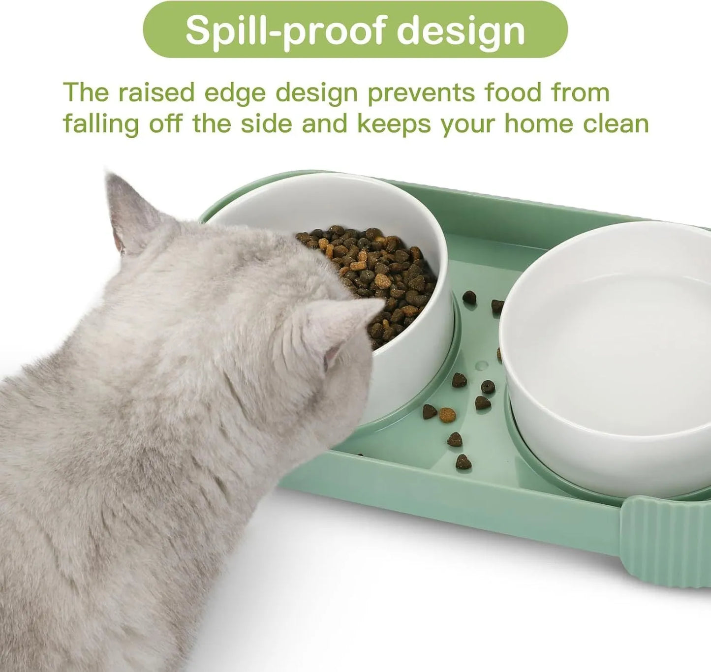 Green ceramic elevated cat bowl set with two tilted dishes on a stand with a spill-proof rim