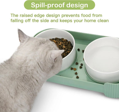 Green ceramic elevated cat bowl set with two tilted dishes on a stand with a spill-proof rim