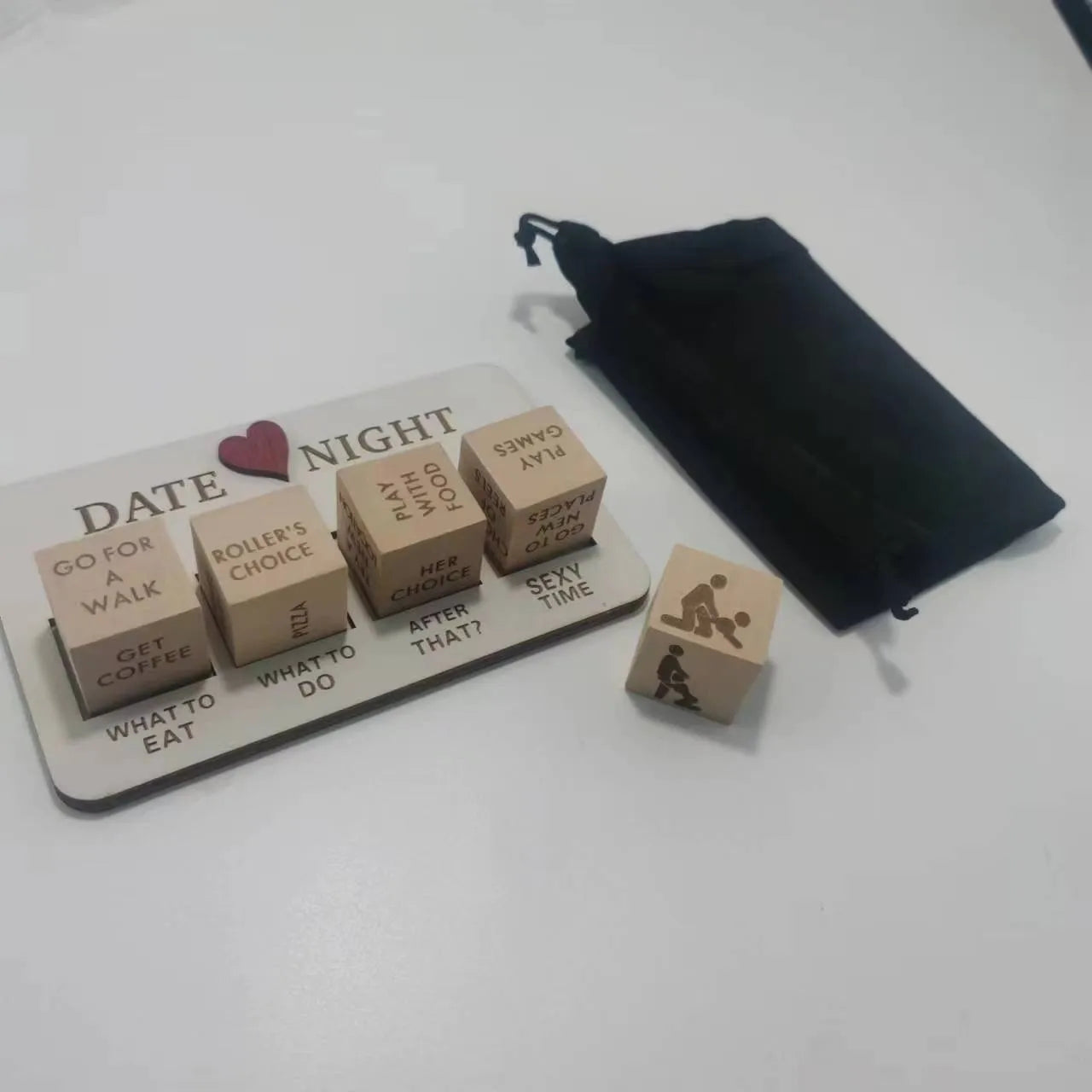 Wooden date night dice set with five 16x10cm dice, planner board, and black storage bag for couple activities