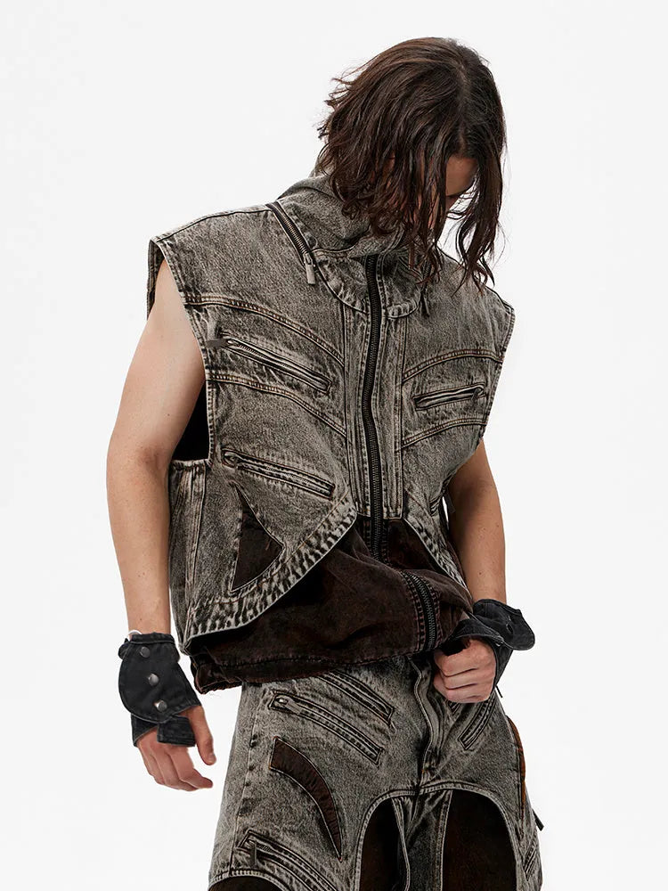 Men's sleeveless denim vest with front zipper closure in cotton fabric