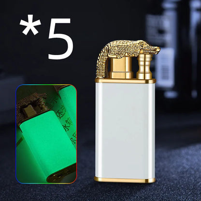 Metal windproof lighter with double flame and dragon design, showing flame from mouth.