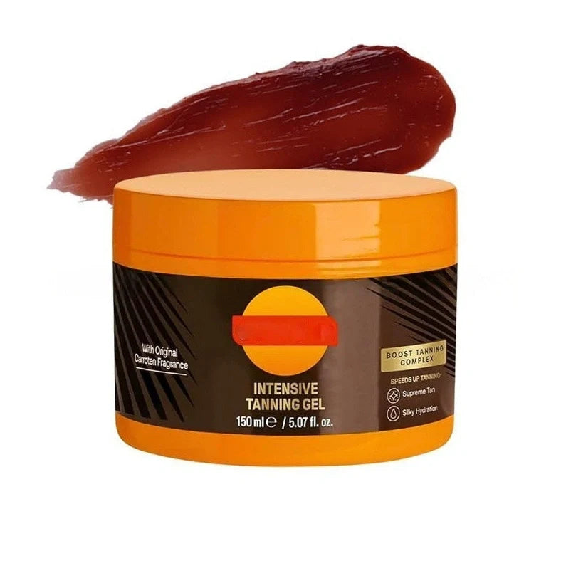 Sun-free tanning gel cream in 150g container with brown and orange colour options