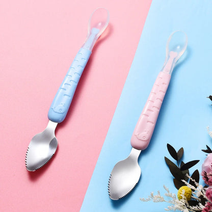 Stainless steel dual-headed baby food spoon in various colours for easy feeding
