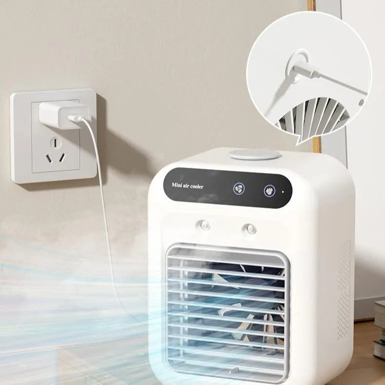 Ivory white USB portable air cooler with water tank and touchscreen display for personal cooling