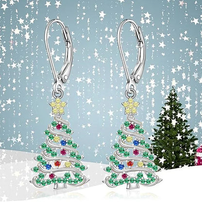 White gold colour Christmas tree earrings with star-shaped pendant for ladies.