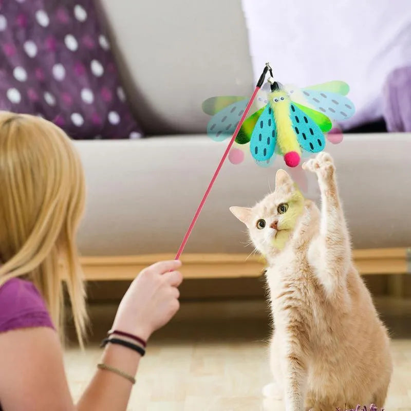 Cat wand toy with dragonfly attachment and bell on 49 cm blue ABS stick