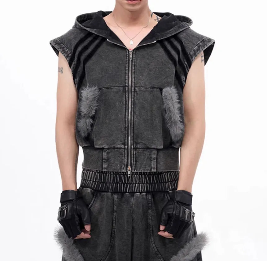 Korean style sleeveless tank top with hooded collar and zippered front paired with matching trousers