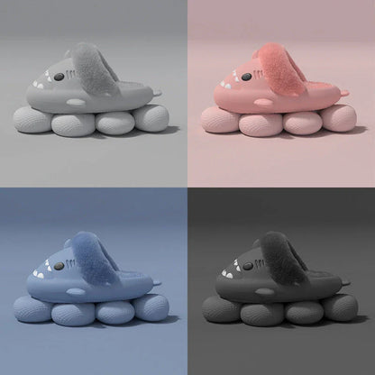 Cozy shark-inspired slippers with plush material and durable EVA soles for comfortable indoor and outdoor wear