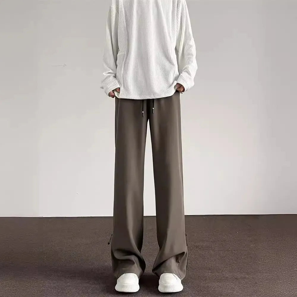 Men's straight leg casual trousers in black or brown, polyester blend, drawstring mid waist, sizes M-XXL