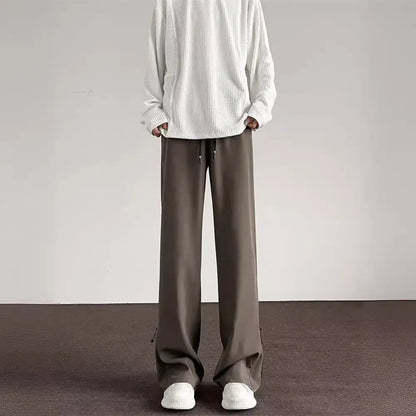 Men's straight leg casual trousers in black or brown, polyester blend, drawstring mid waist, sizes M-XXL